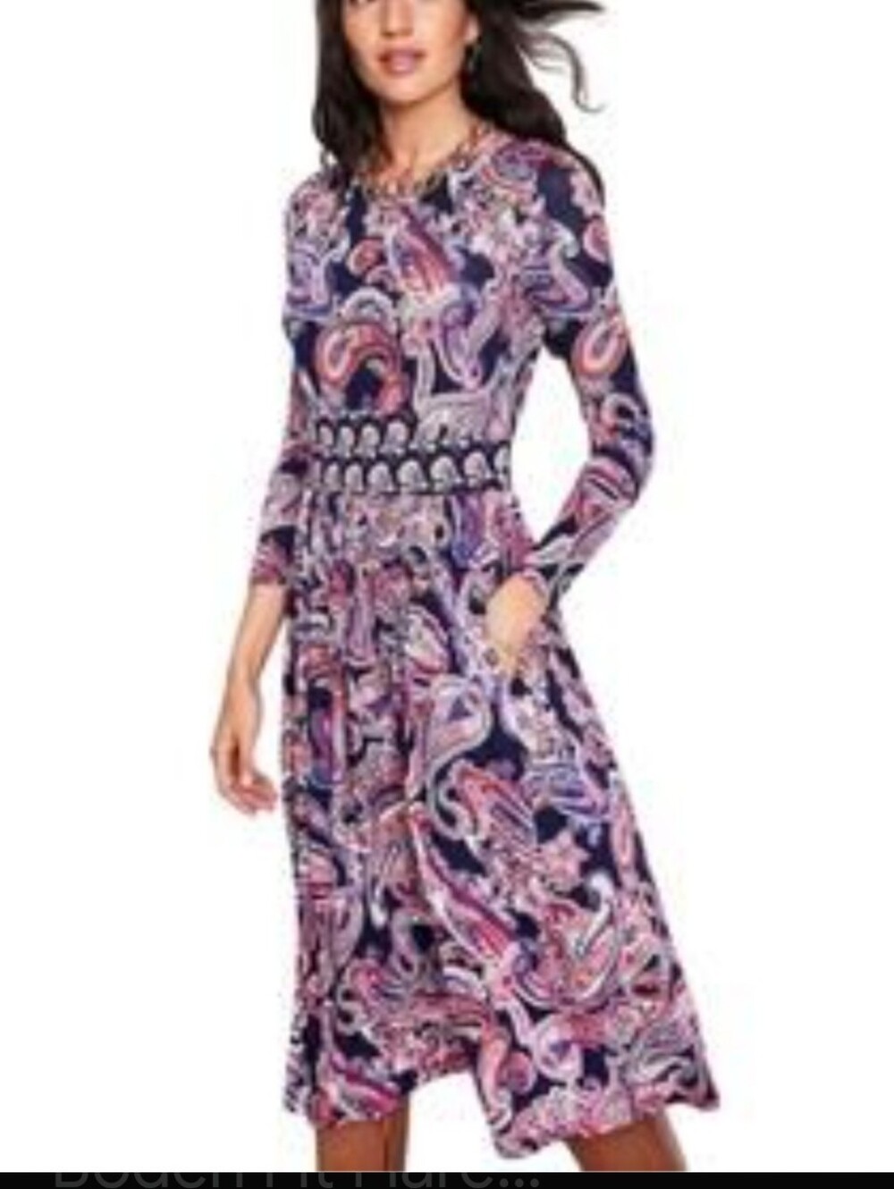 Boden Thea Jersey Knit Long Sleeve Midi Dress blue paisley print Size 6R
